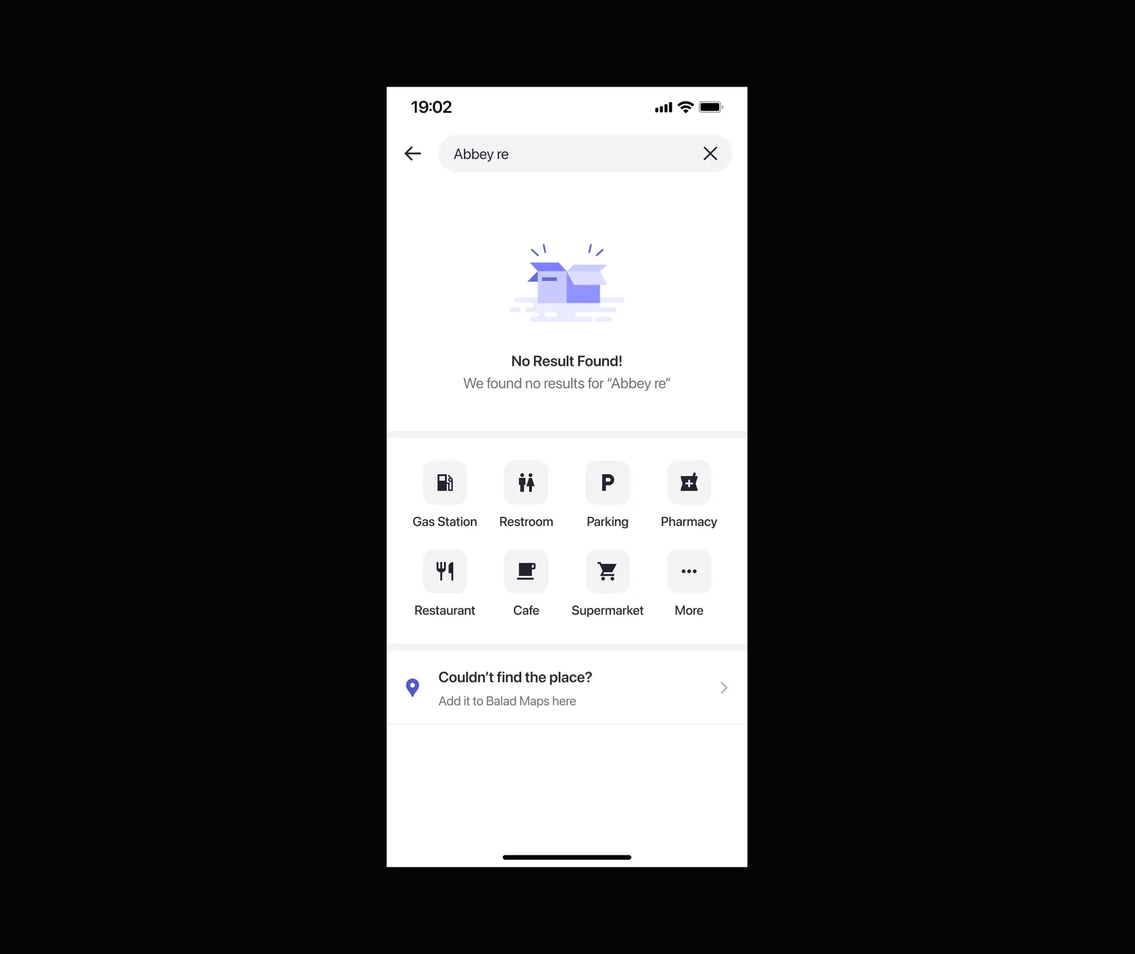 No results screen with categories